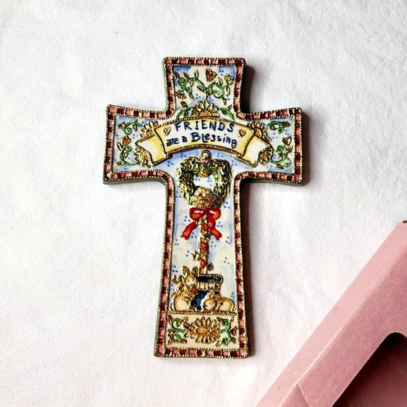 Shelly Rasche Roman Inc 7” Porcelain “Friends are a Blessing” Cross 2005 w/Box - Picture 1 of 4